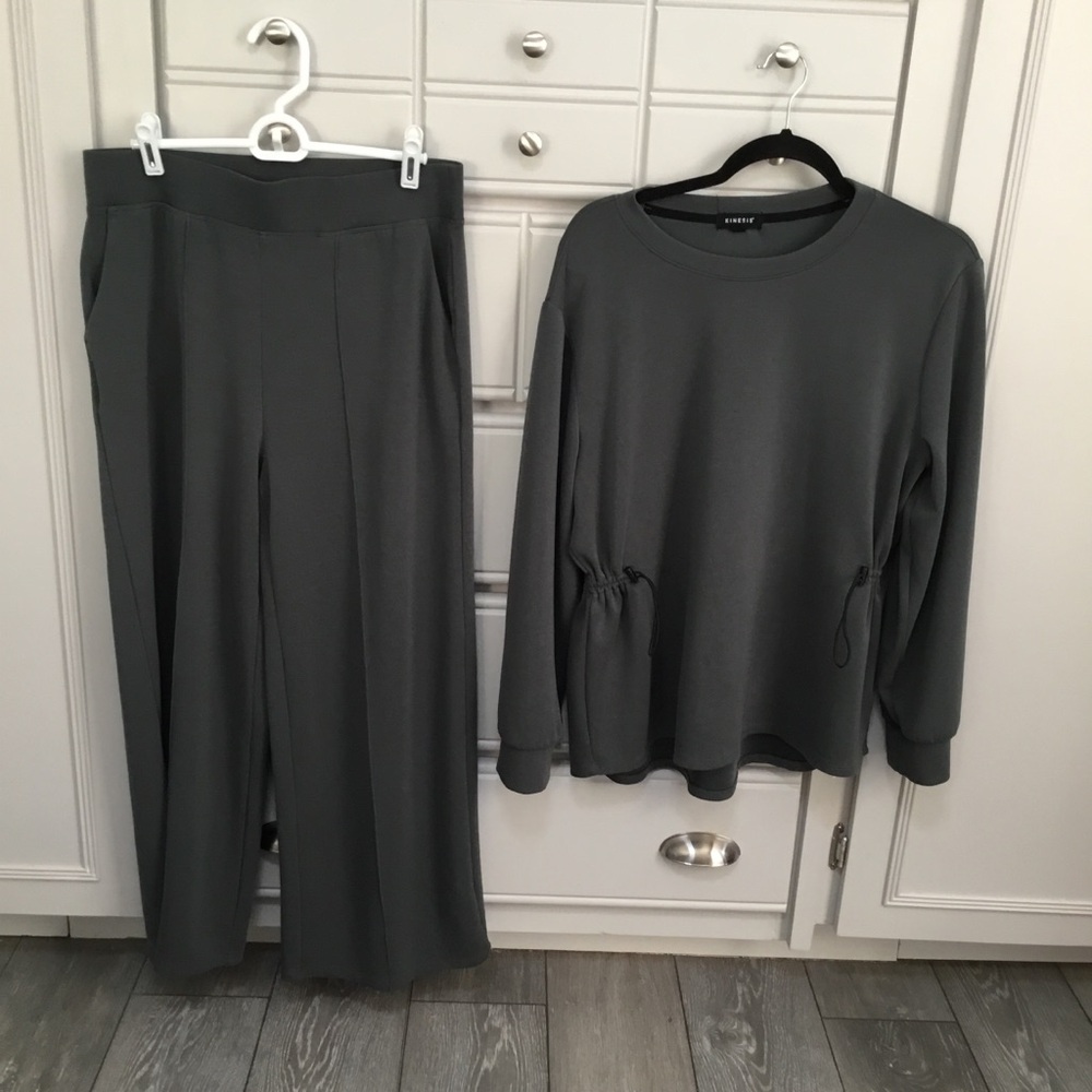 2 Pc Set KINESIS Long Sleeve Cinch Top & Wide Leg Pull On Pants Pockets Size L